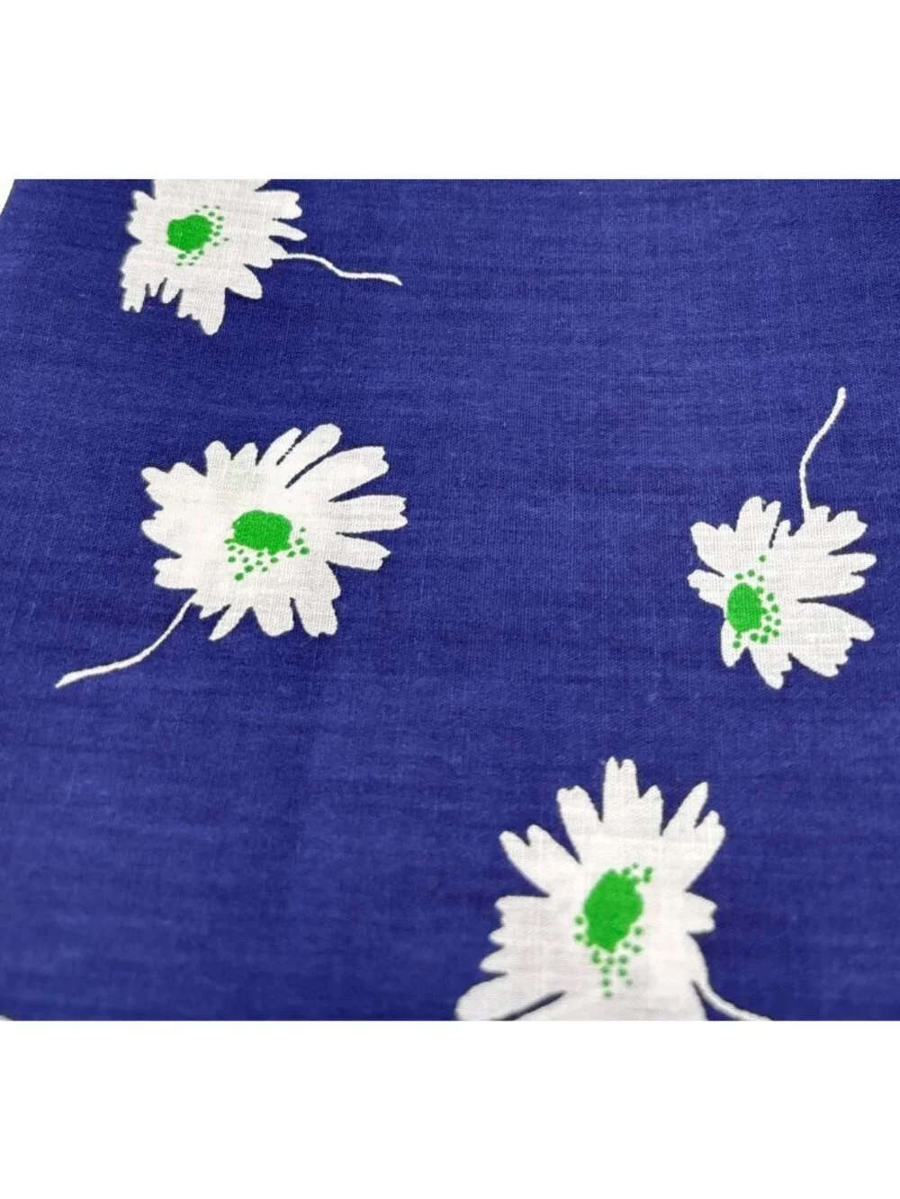 Blue Cotton Fabric White Green Daisy Print 21